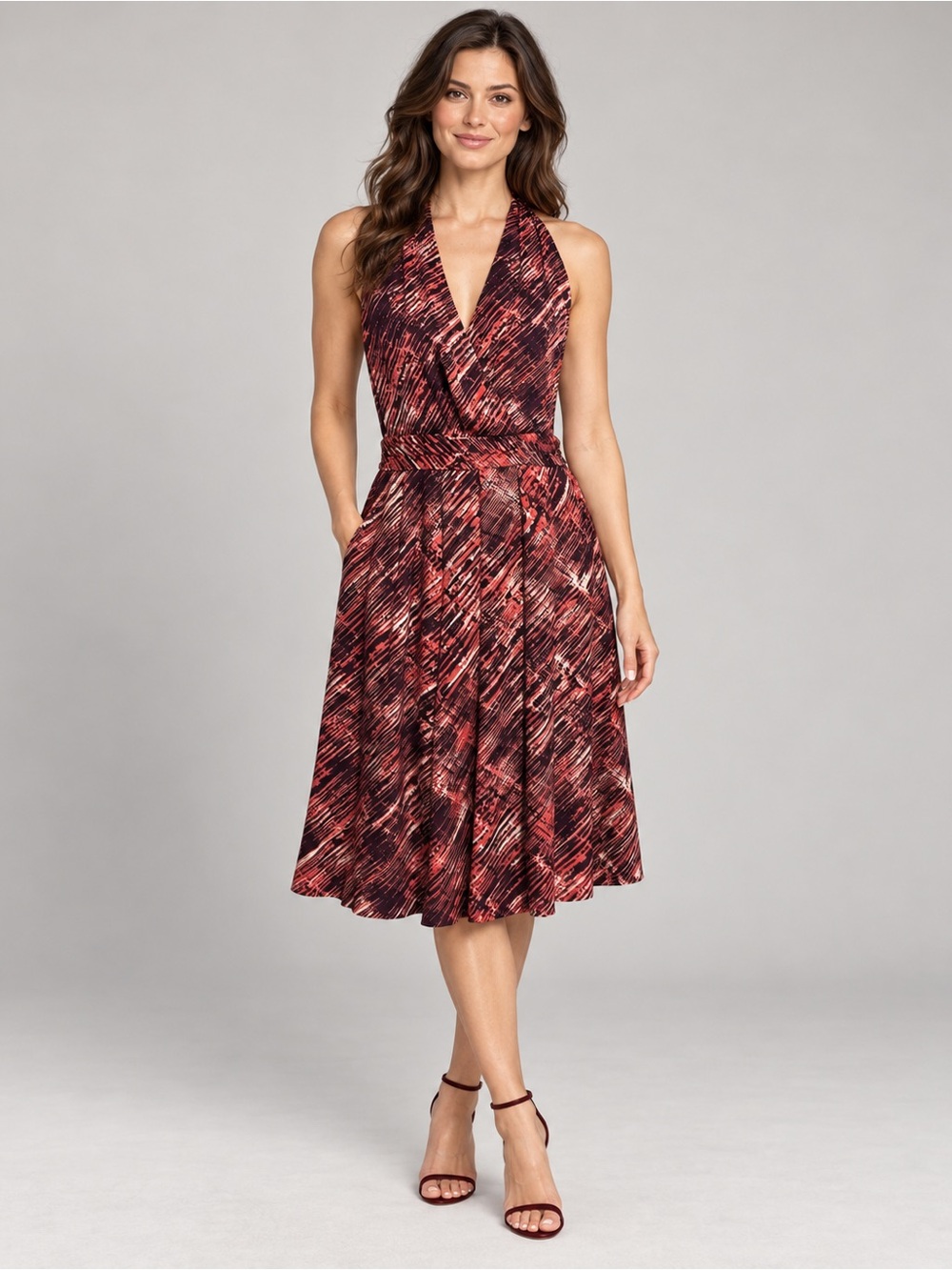 Classiques Entier Silk Halter Dress Size 8 Abstract Print Faux Wrap Midi